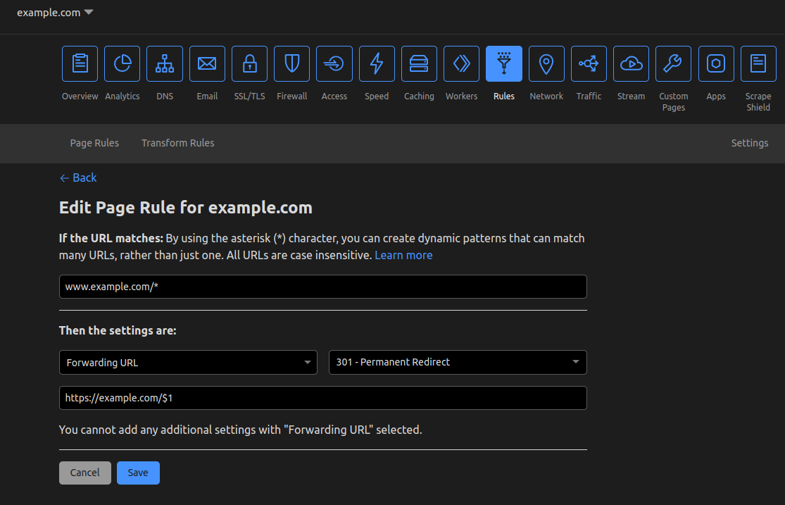 Editing a Page Rule to set up a redirect